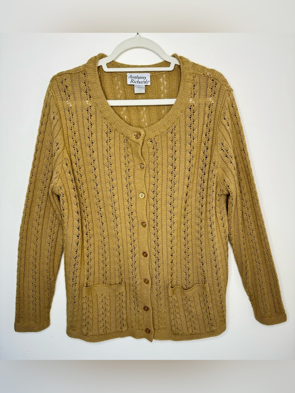 Anthony Richards Mustard Knit Cardigan Button Front Openwork Textured Sweater XL
